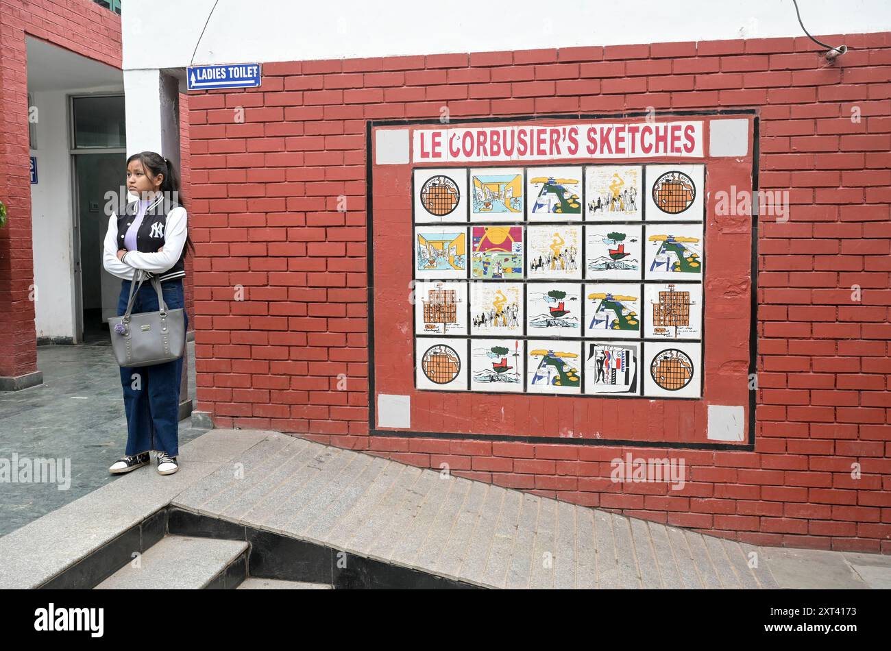 INDIA, Chandigarh, the master plan of the city divided in sectors was prepared by swiss-french architect Le Corbusier in the 1950` , Sector 1, Sukhna Lake leisure time area, wall with sketches of Le Corbusier Stock Photo